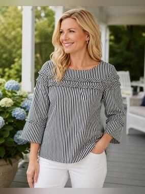 Talbots Striped Ruffle Trim Blouse NWOT Size Medium